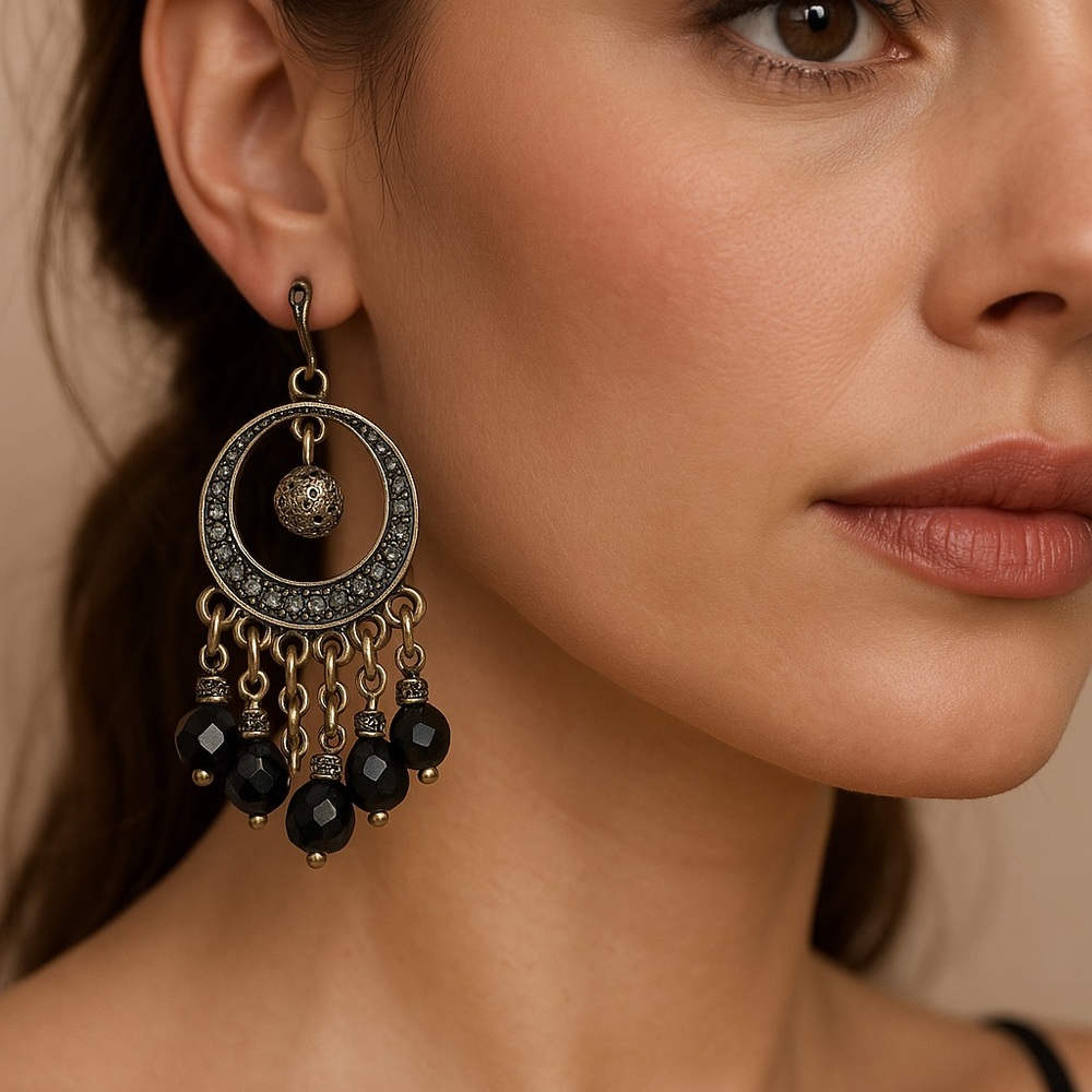 Vintage Dangle Earrings pierced black beads crystal 2” long